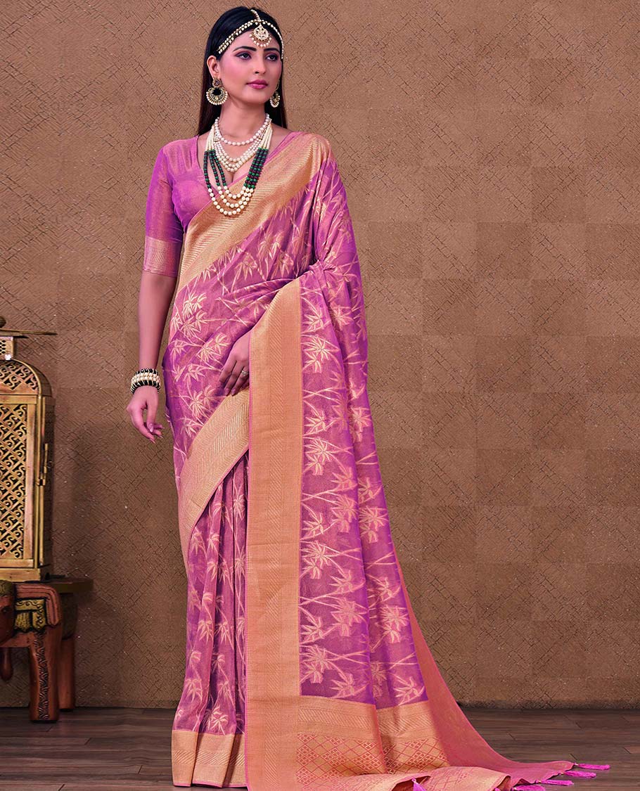 Pink tree design designer catalog saree, geometric patterned border & pallu of jaal designs