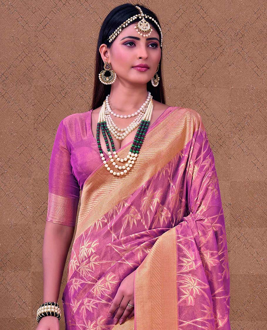 Pink tree design designer catalog saree, geometric patterned border & pallu of jaal designs