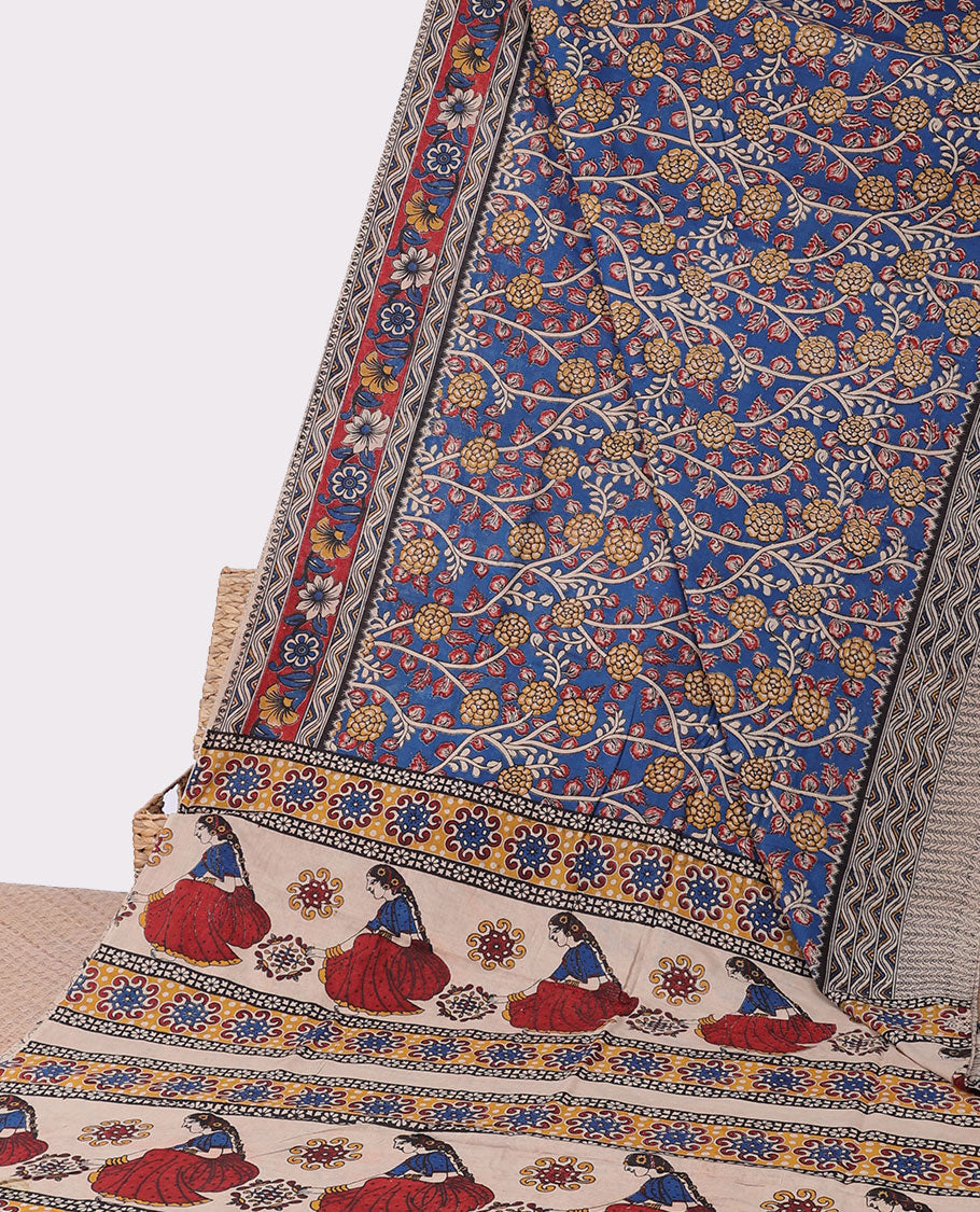 Blue floral vine machine printed kalamkari cotton saree, floral & chevron border & floral & human motifs pallu