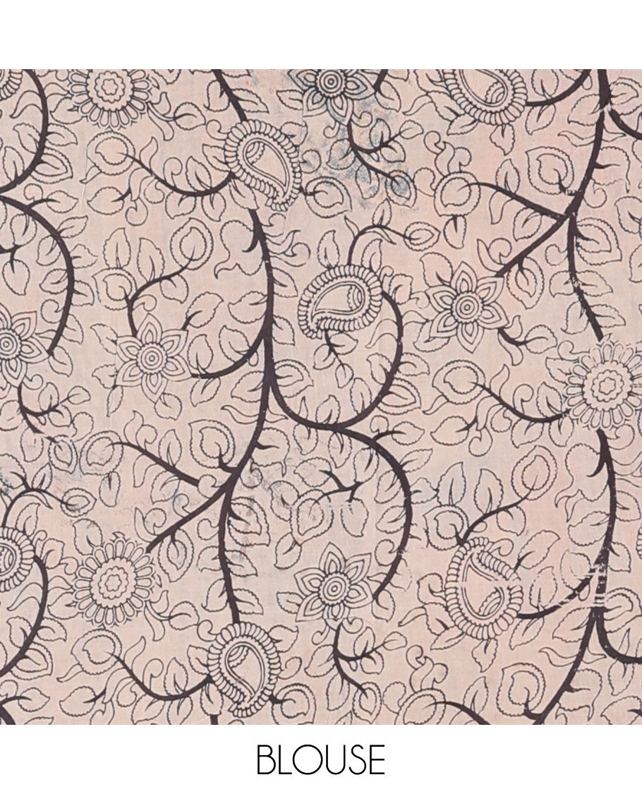 Blue floral vine machine printed kalamkari cotton saree, floral & chevron border & floral & human motifs pallu