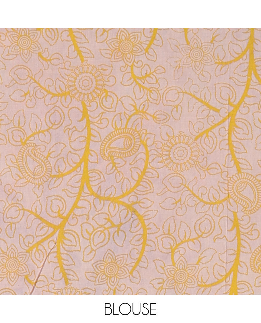 Red ikkat machine printed kalamkari cotton saree, contrast ikkat border & pallu of floral & peacock