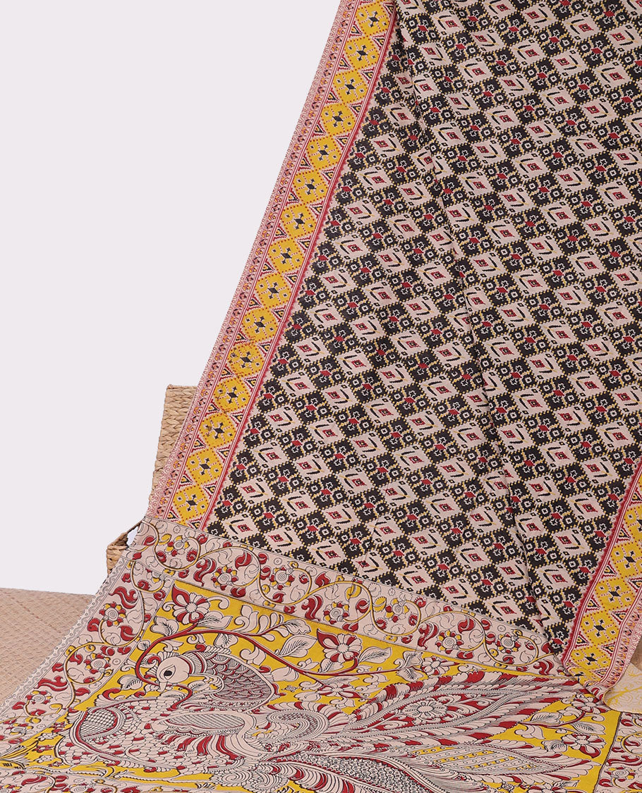 Black ikkat machine printed kalamkari cotton saree, contrast ikkat border & pallu of floral & peacock
