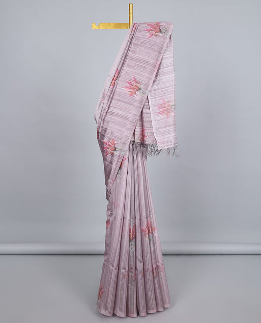 Borderless pink floral motifs printed kamala silk saree, contrast plain blouse