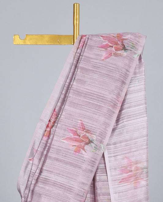 Borderless pink floral motifs printed kamala silk saree, contrast plain blouse