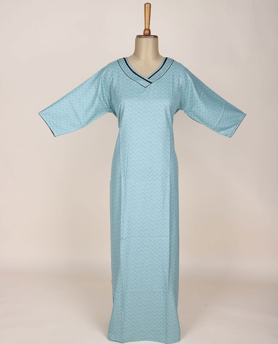 Blue chevron stripes printed v-neck 3/4th sleeve nighty