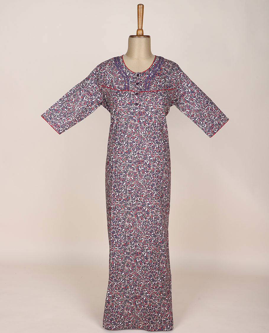 Grey floral vine printed with lace work round-neck 3/4th sleeve nighty