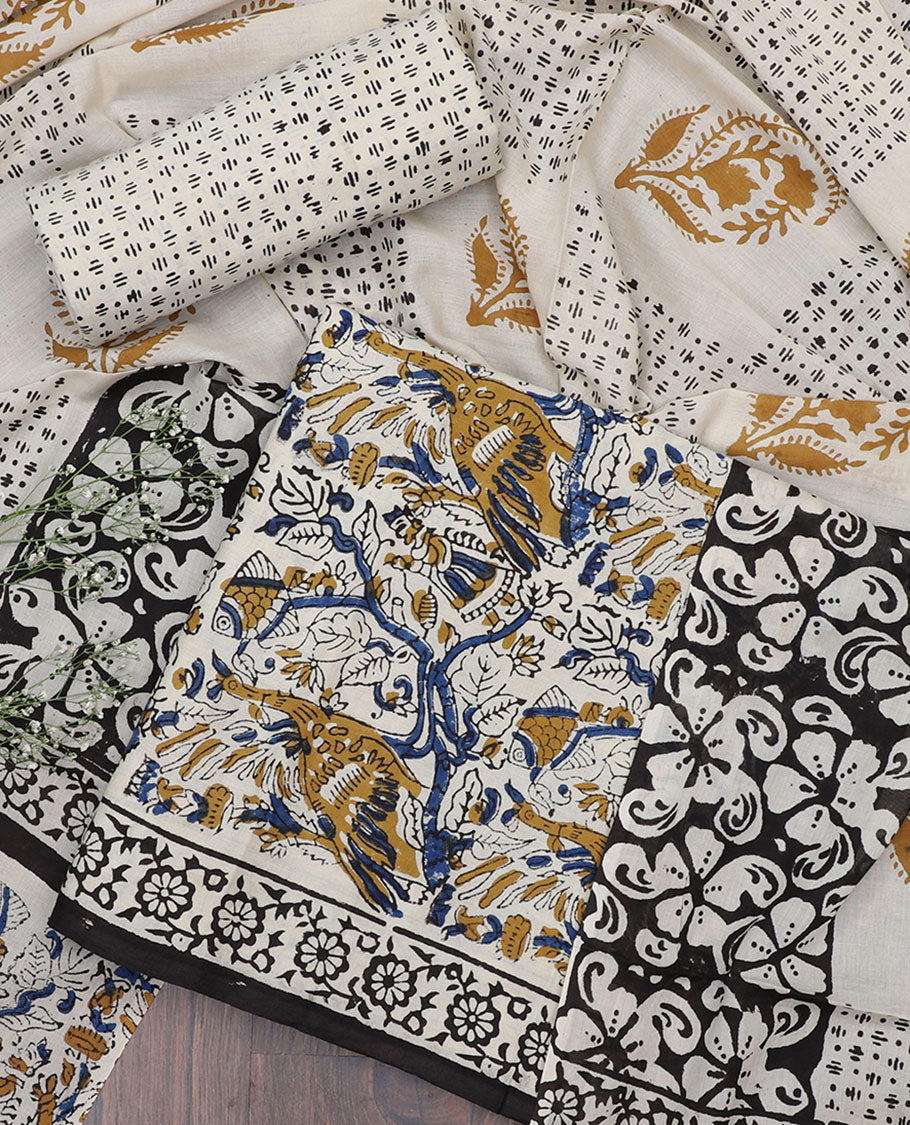 Multi-color jaipur cotton material chudidhar,intricate print top, geometric printed bottom & intricately printed dupatta