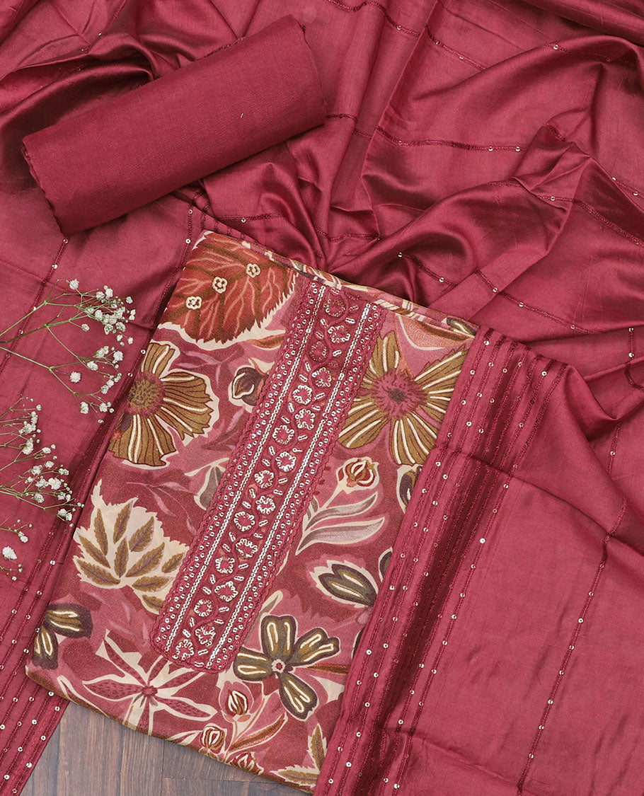 Red material chudidhar set, tropical floral printed & embroidery top, plain bottom & sequins striped dupatta