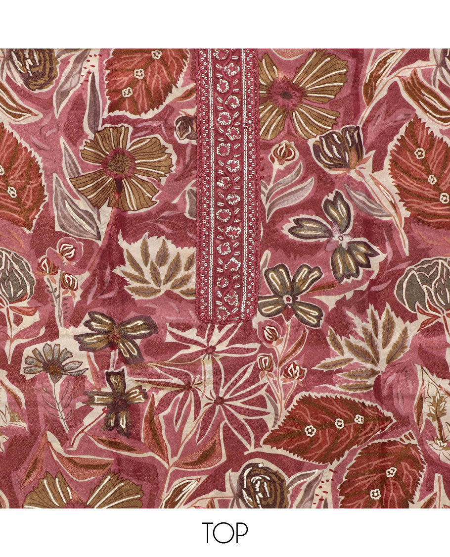 Red material chudidhar set, tropical floral printed & embroidery top, plain bottom & sequins striped dupatta