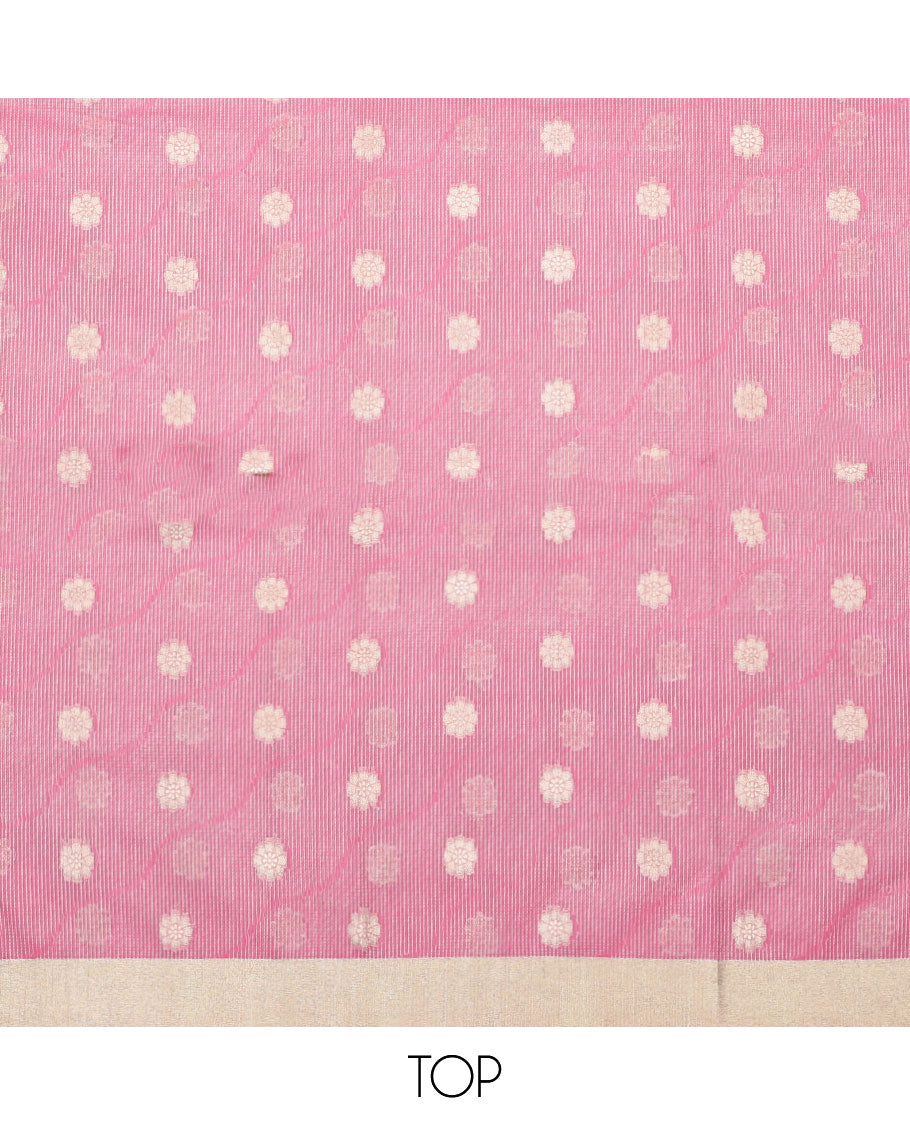 Pink material chudidhar set, zig-zag spare stripes & flower buttas top, plain bottom & striped dupatta