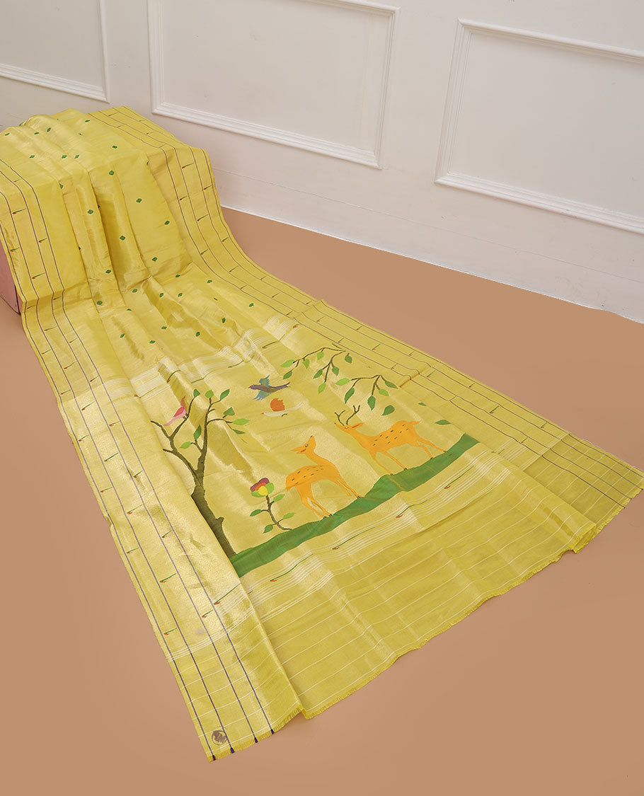 Yellow paithani silk saree with buttas, muniya motif border & pallu of colorful tree, bird & deer motifs weave