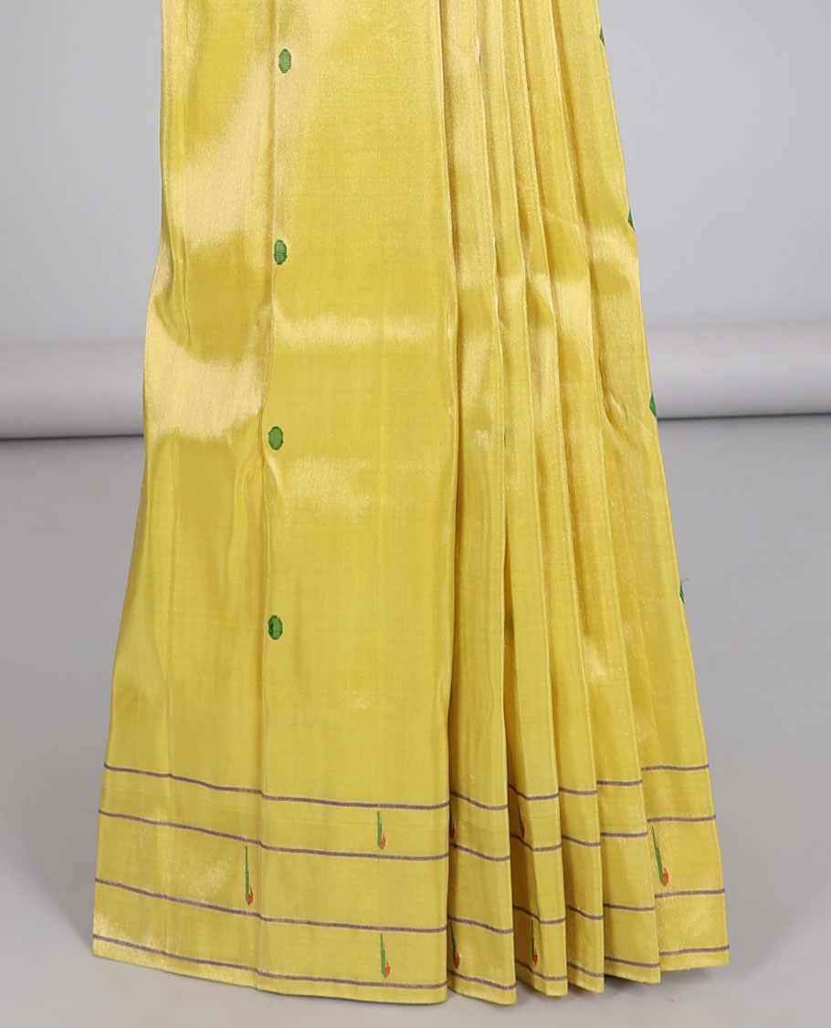 Yellow paithani silk saree with buttas, muniya motif border & pallu of colorful tree, bird & deer motifs weave