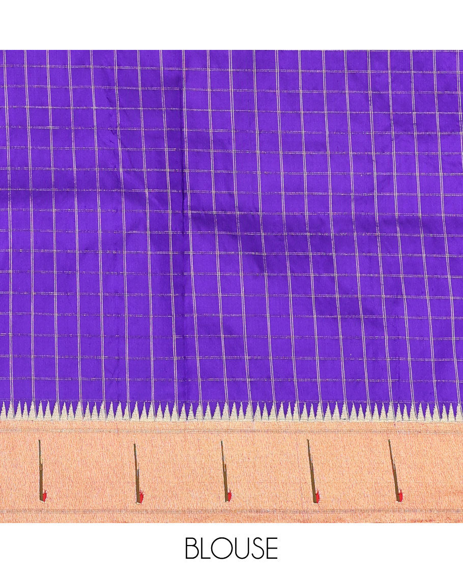 Blue checked paithani silk saree, contrast muniya border & pallu of colorful floral vine & macow parrot motifs weave