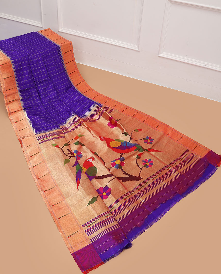 Blue checked paithani silk saree, contrast muniya border & pallu of colorful floral vine & macow parrot motifs weave