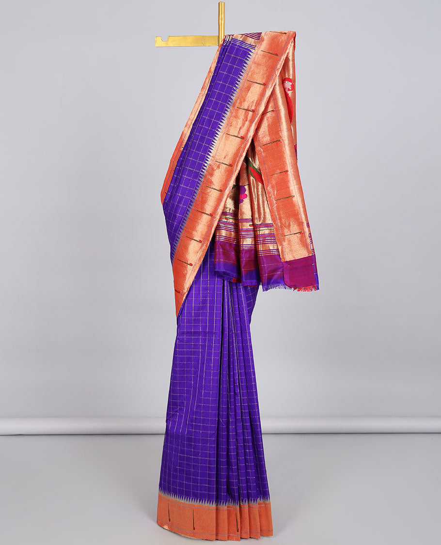 Blue checked paithani silk saree, contrast muniya border & pallu of colorful floral vine & macow parrot motifs weave