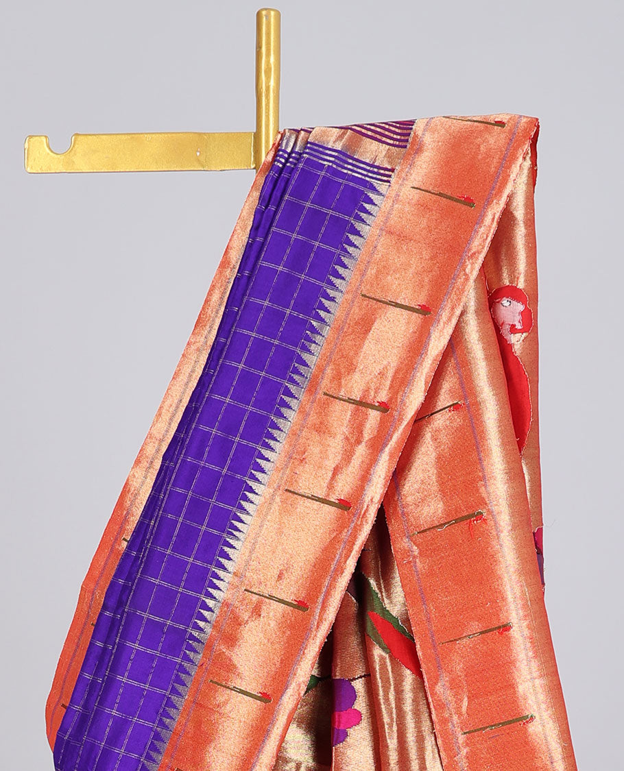 Blue checked paithani silk saree, contrast muniya border & pallu of colorful floral vine & macow parrot motifs weave