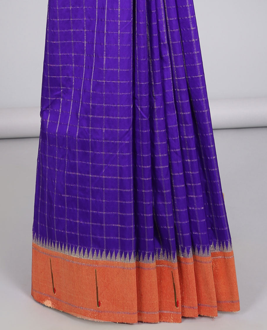 Blue checked paithani silk saree, contrast muniya border & pallu of colorful floral vine & macow parrot motifs weave