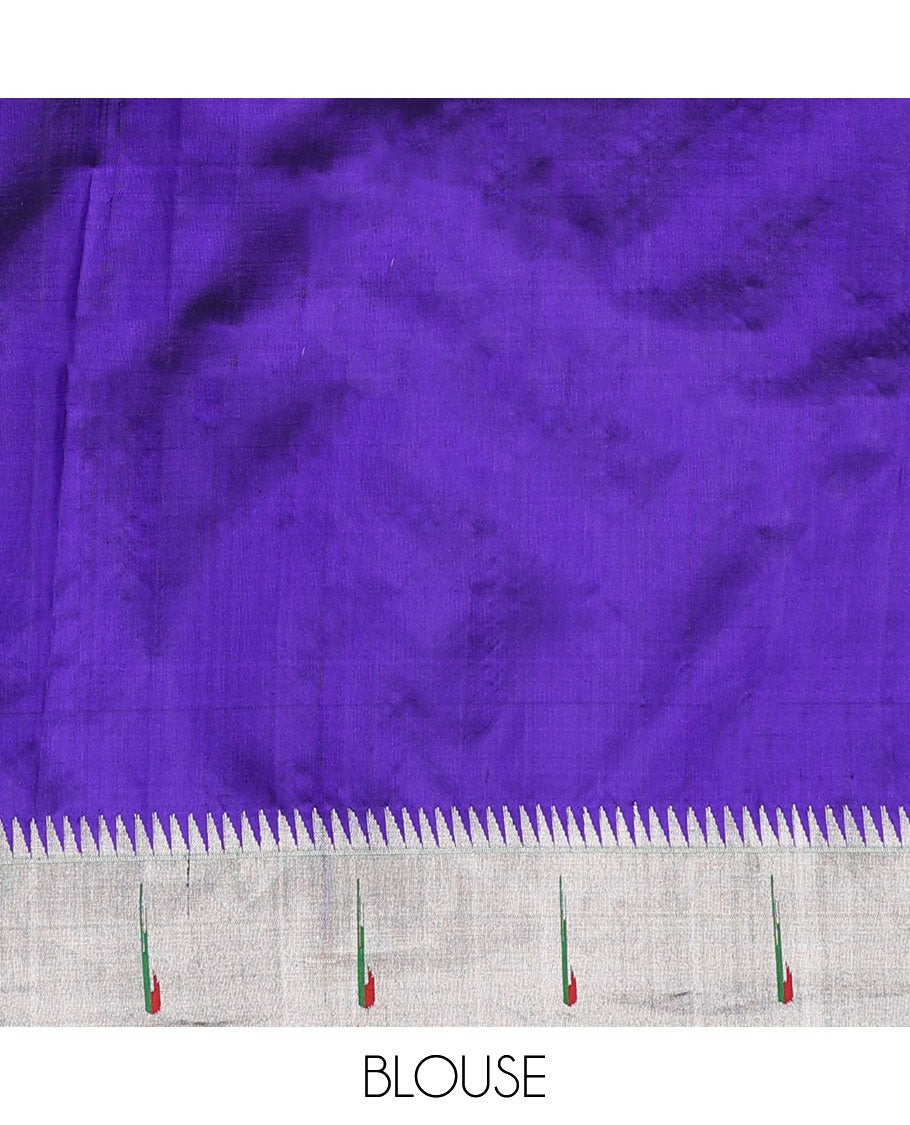 Blue paithani silk saree with flower zari buttas, contrast vidarbha muniya border & pallu of colorful floral vine & bird