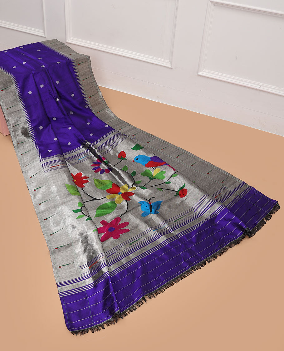 Blue paithani silk saree with flower zari buttas, contrast vidarbha muniya border & pallu of colorful floral vine & bird