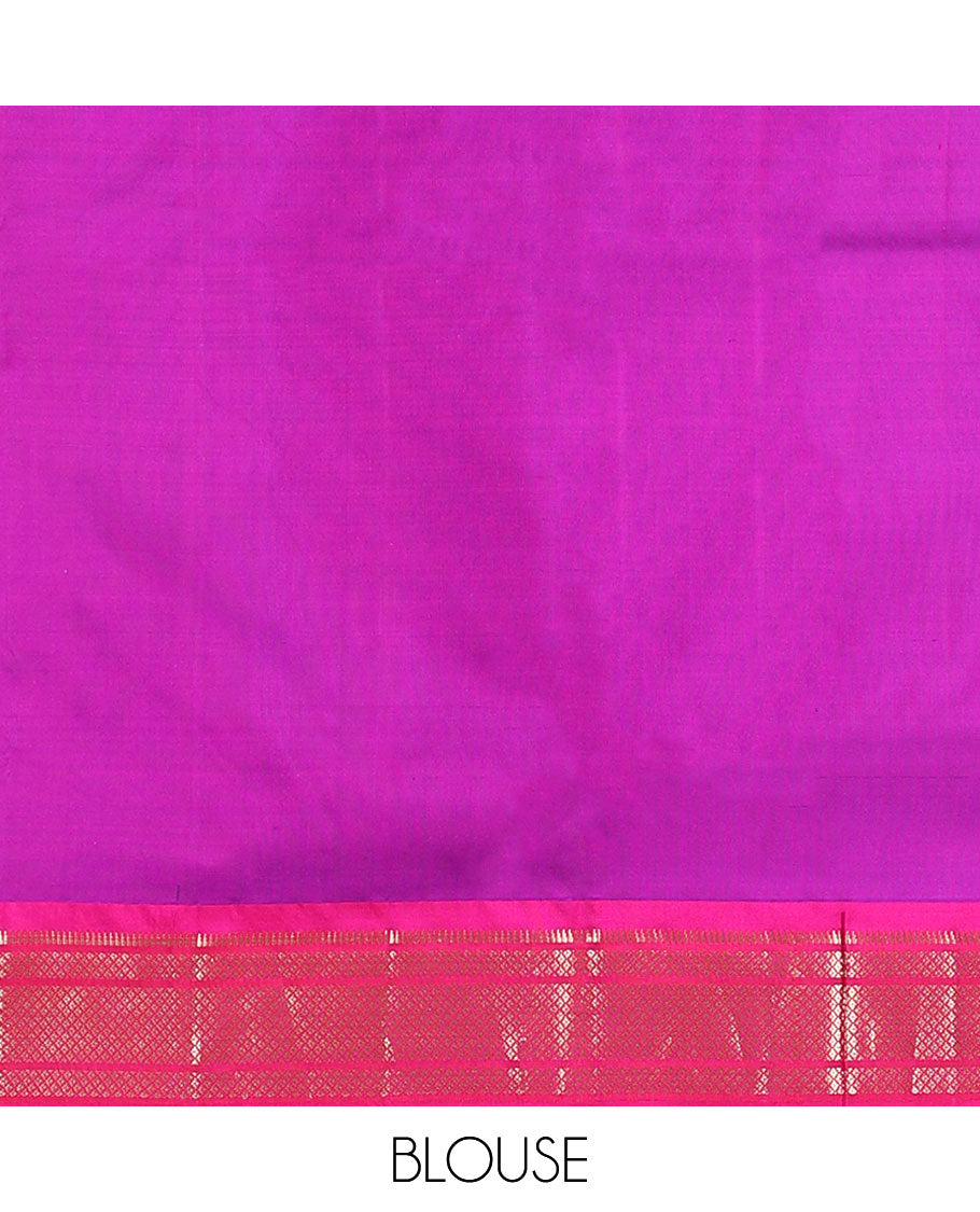 Purple paithani silk saree with zari buttas, contrast traditional design border & pallu of paithani peacock designs
