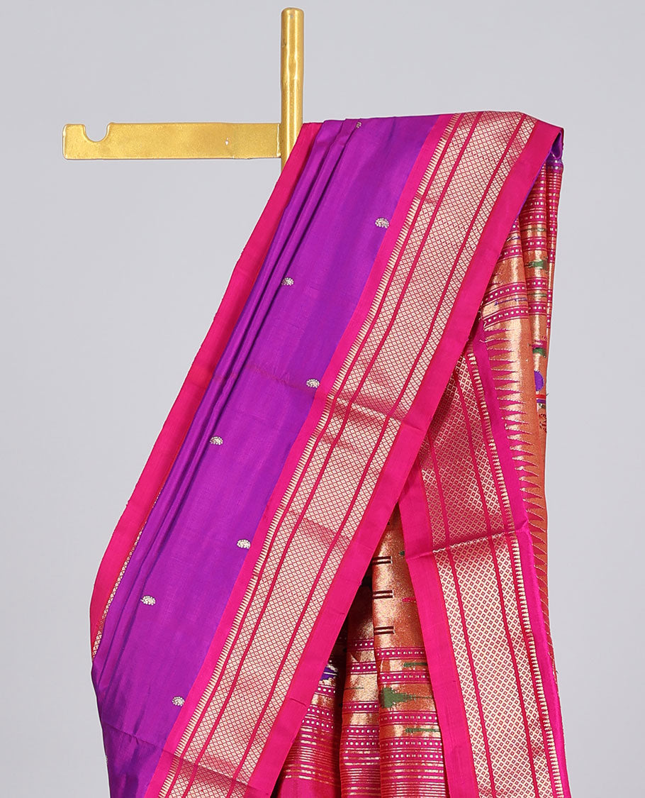 Purple paithani silk saree with zari buttas, contrast traditional design border & pallu of paithani peacock designs