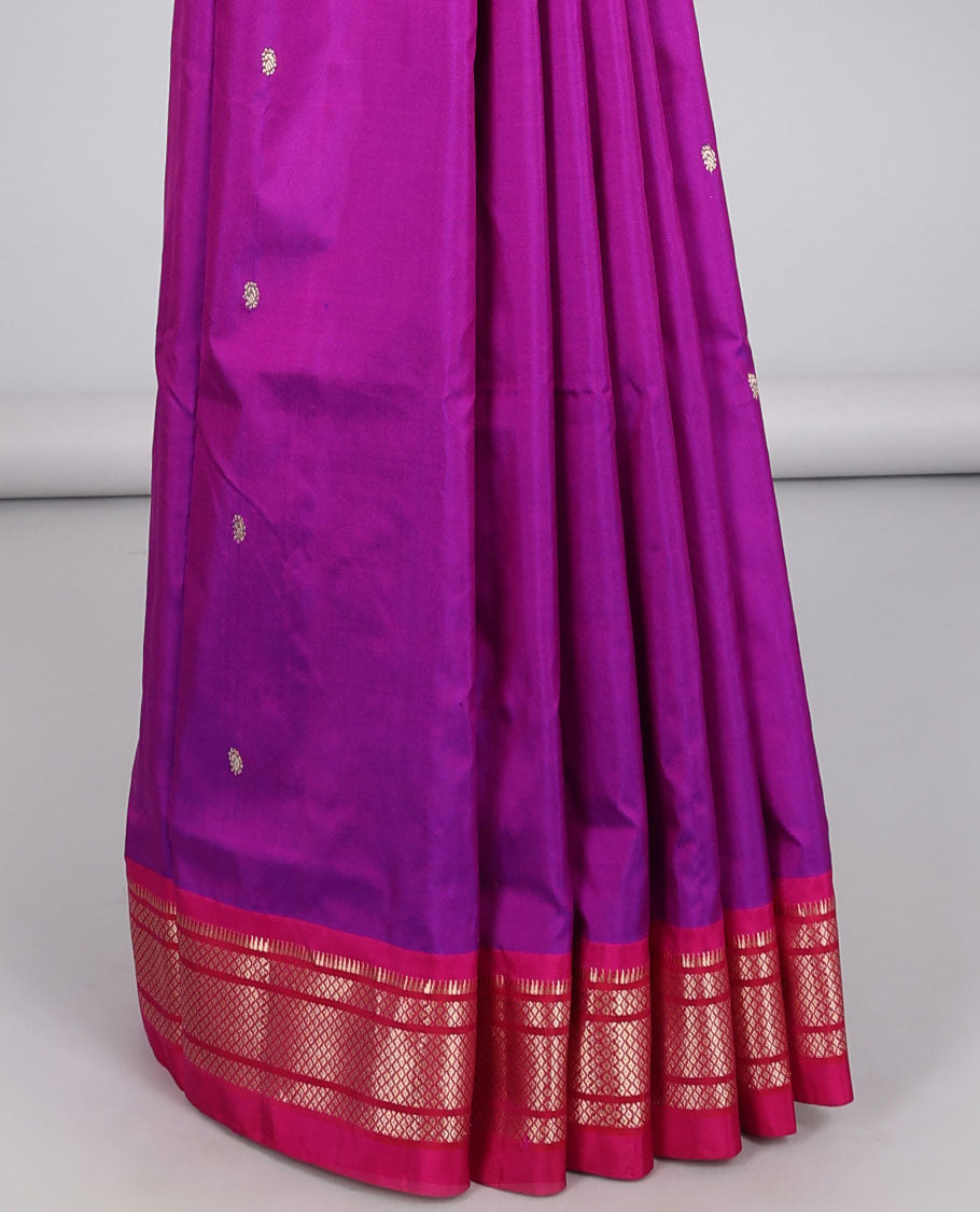 Purple paithani silk saree with zari buttas, contrast traditional design border & pallu of paithani peacock designs