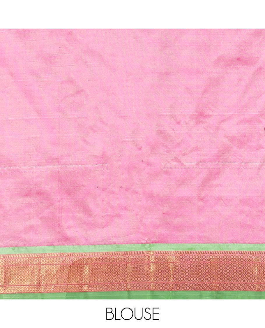 Pink paithani silk saree with zari buttas, contrast traditional design border & pallu of paithani peacocks