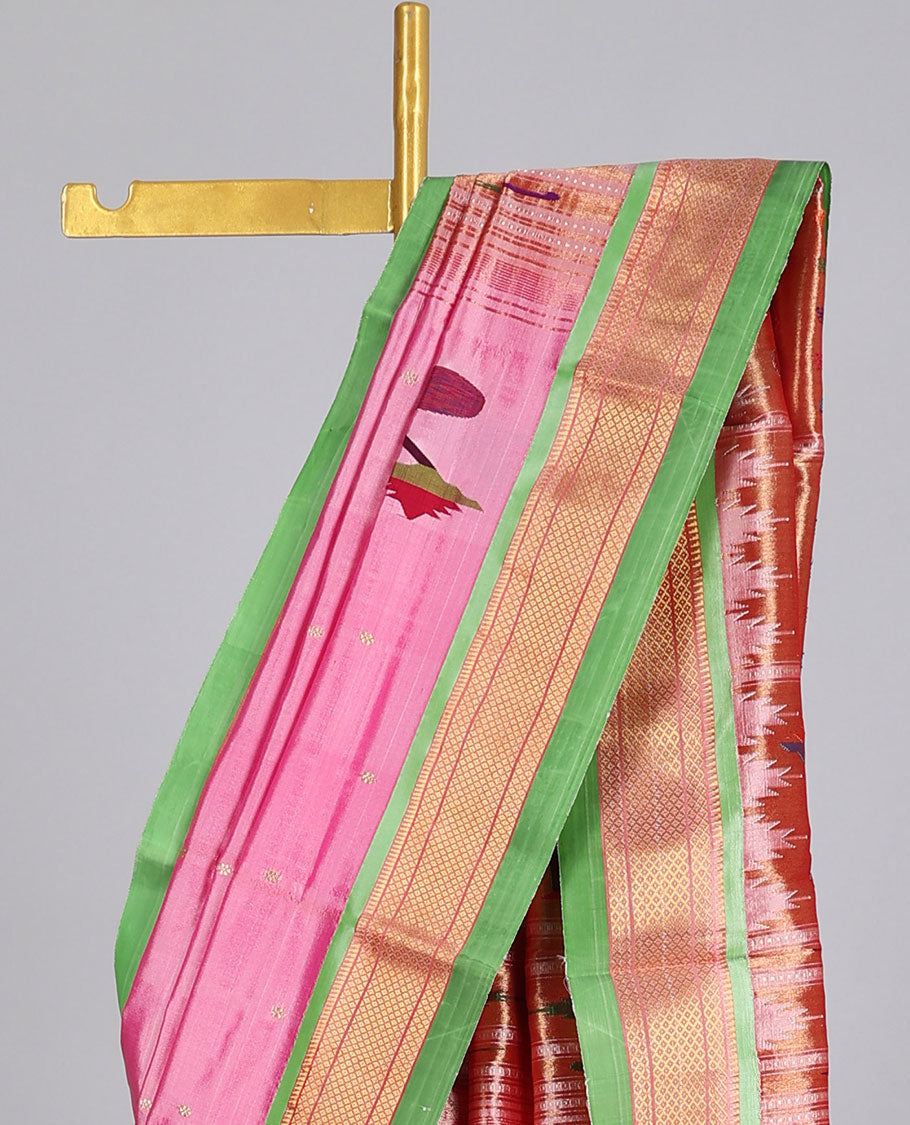 Pink paithani silk saree with zari buttas, contrast traditional design border & pallu of paithani peacocks
