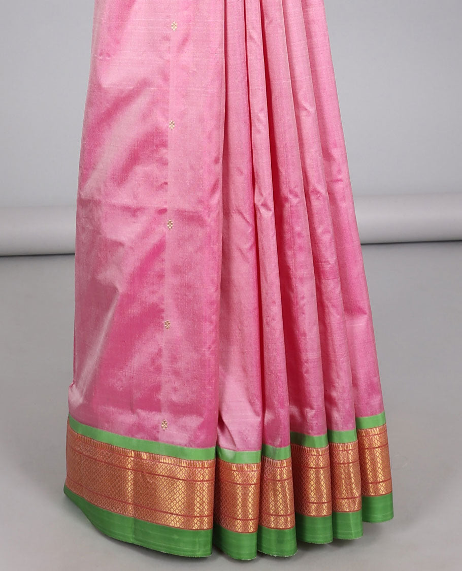 Pink paithani silk saree with zari buttas, contrast traditional design border & pallu of paithani peacocks