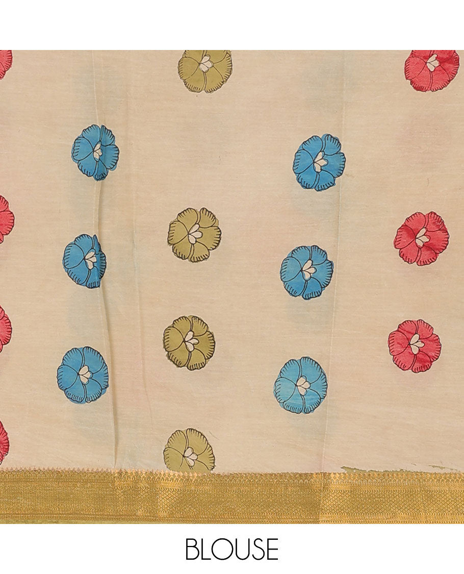 Multi-color floral vine & bird hand-painted pen kalamkari silksaree, contrast zari border & pallu of human figurines