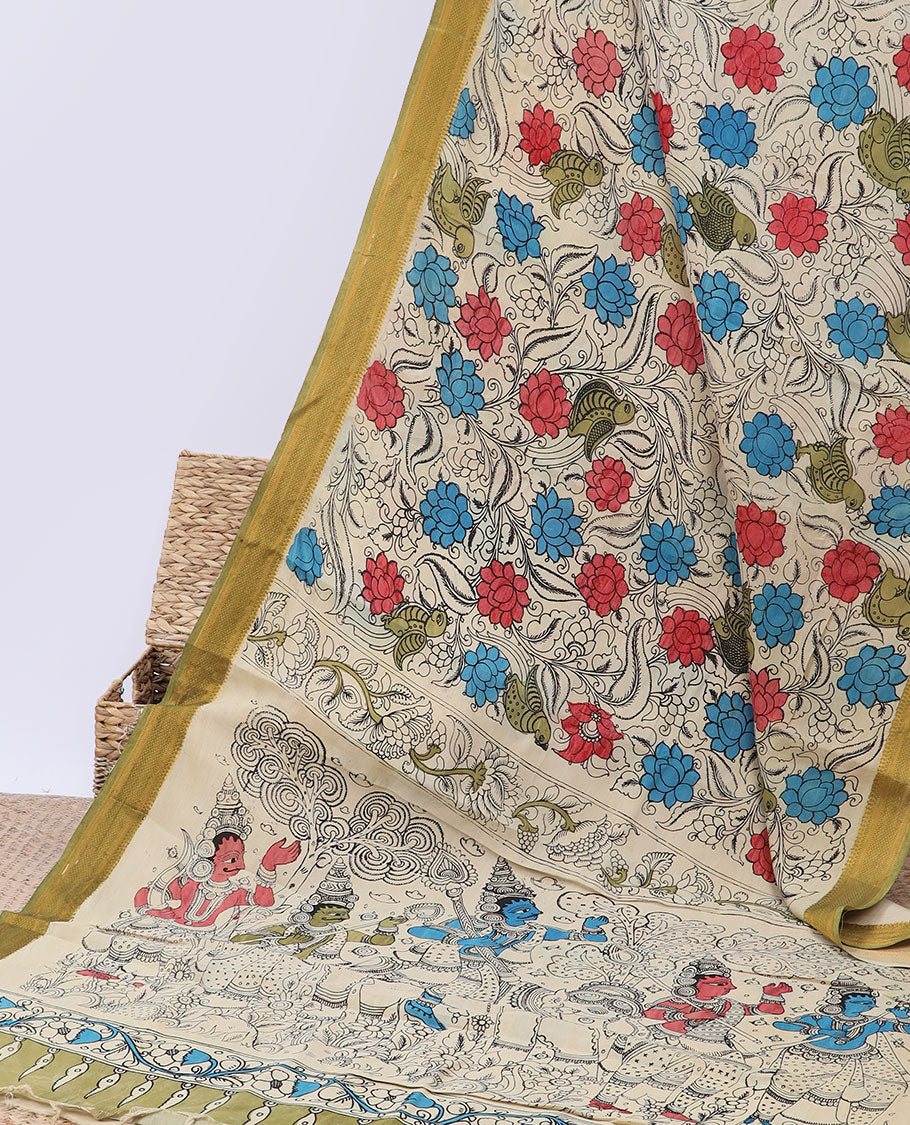 Multi-color floral vine & bird hand-painted pen kalamkari silksaree, contrast zari border & pallu of human figurines