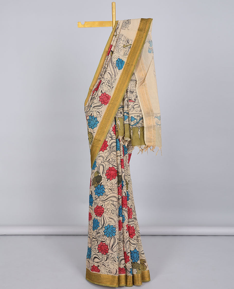 Multi-color floral vine & bird hand-painted pen kalamkari silksaree, contrast zari border & pallu of human figurines