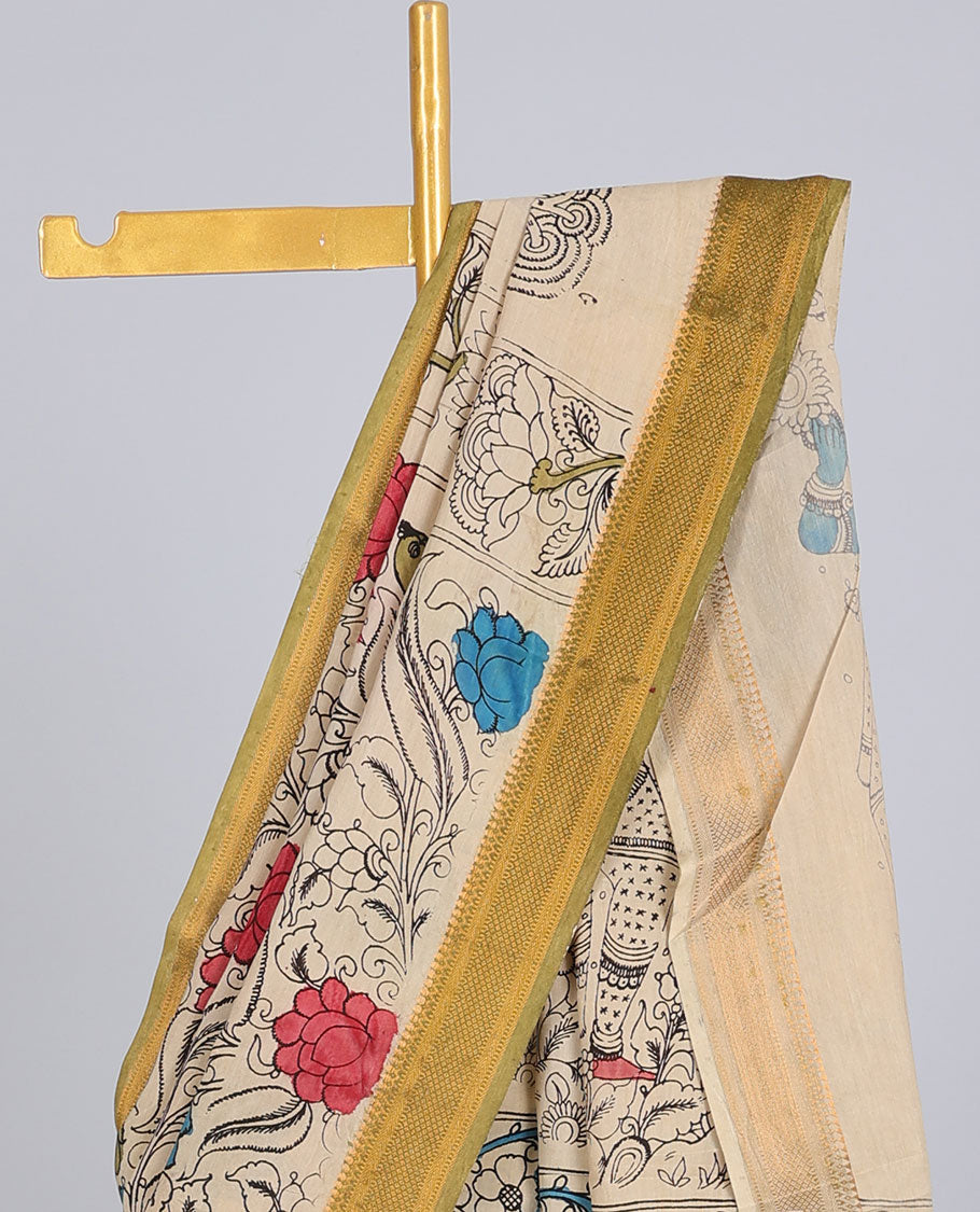Multi-color floral vine & bird hand-painted pen kalamkari silksaree, contrast zari border & pallu of human figurines