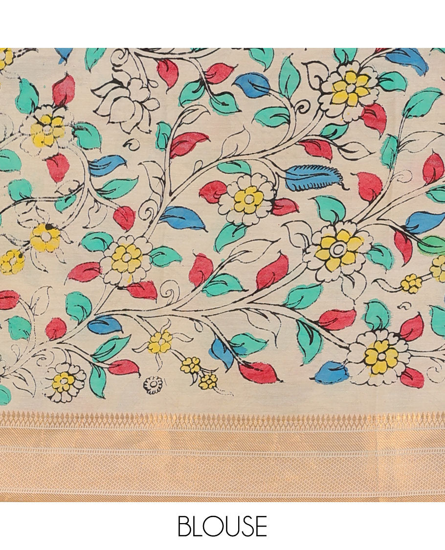 Cream floral,animal & human figurines hand-painted pen kalamkari silksaree, traditional zari border & human motifs pallu