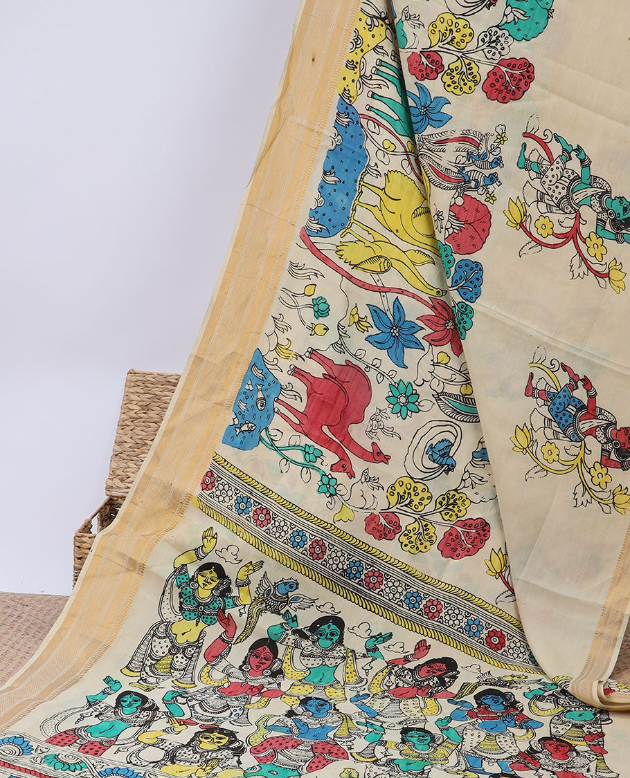 Cream floral,animal & human figurines hand-painted pen kalamkari silksaree, traditional zari border & human motifs pallu