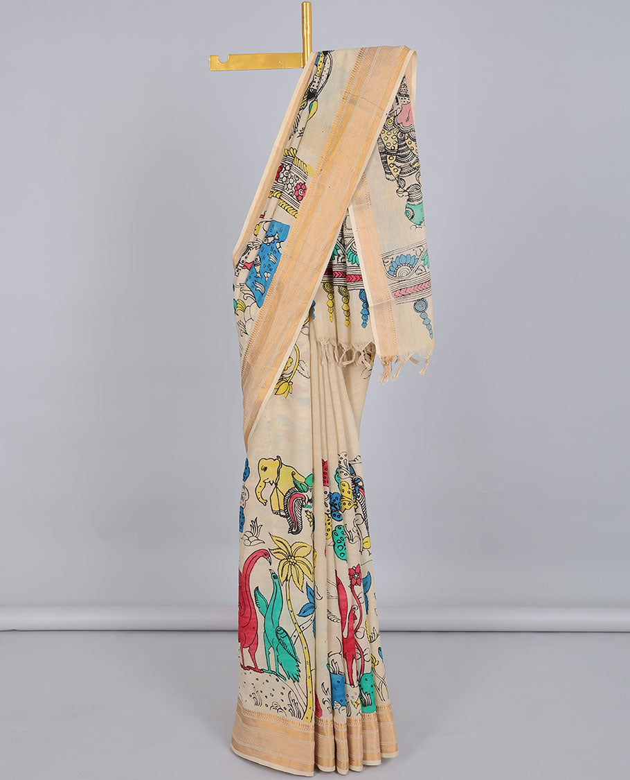 Cream floral,animal & human figurines hand-painted pen kalamkari silksaree, traditional zari border & human motifs pallu