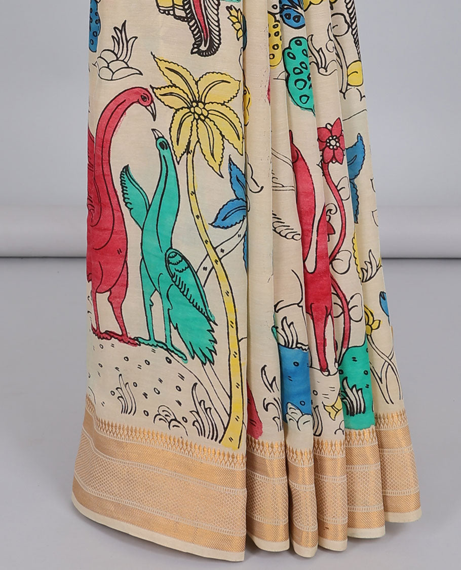 Cream floral,animal & human figurines hand-painted pen kalamkari silksaree, traditional zari border & human motifs pallu