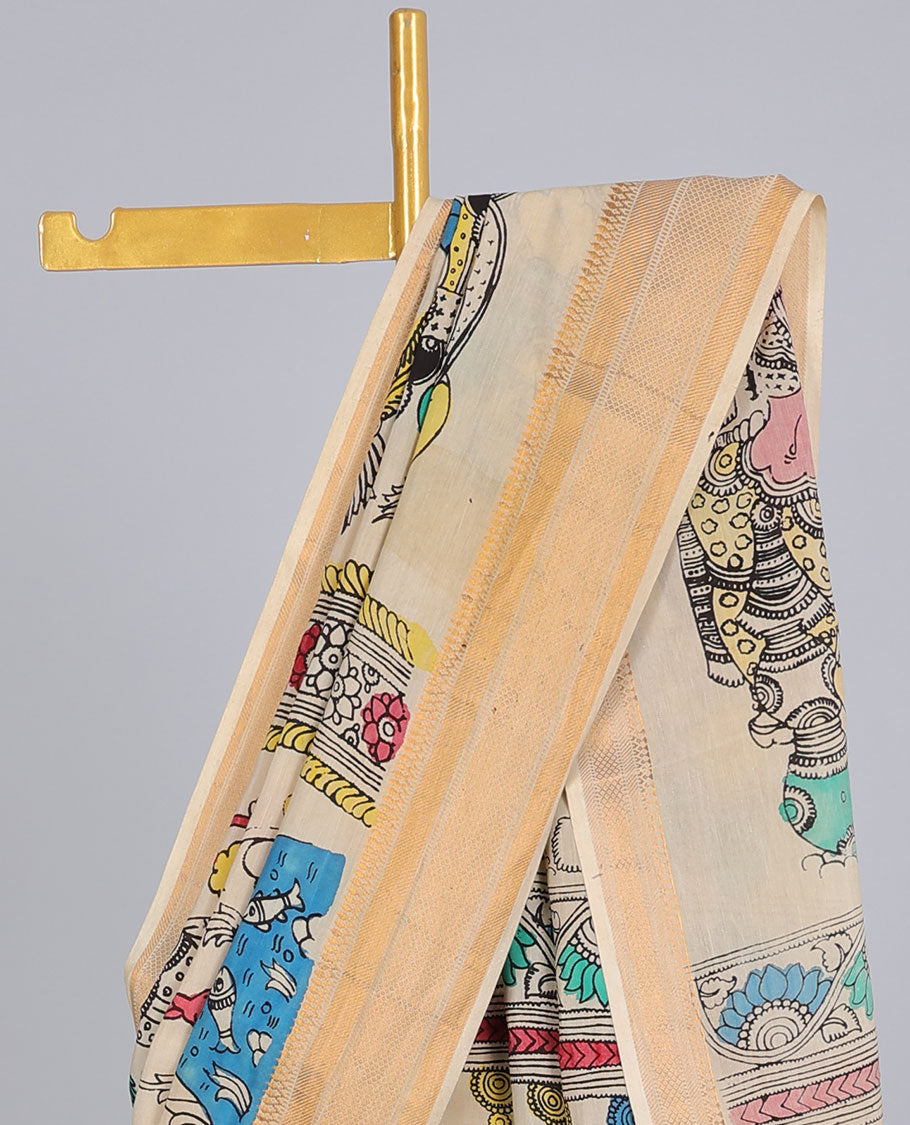 Cream floral,animal & human figurines hand-painted pen kalamkari silksaree, traditional zari border & human motifs pallu