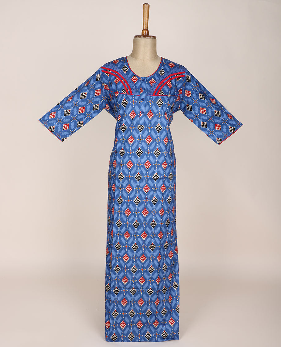 Blue ikkat design printed with lace work round-neck 3/4th-sleeve nighty
