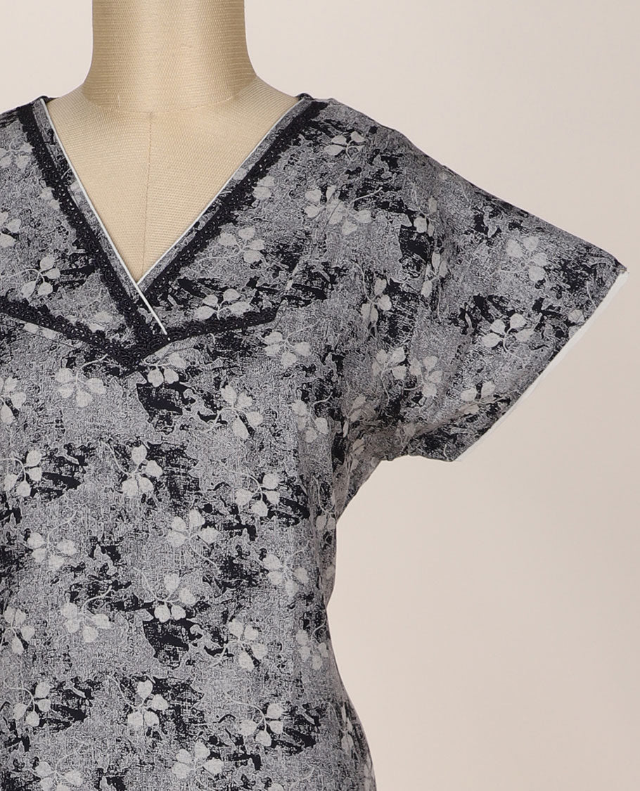 Grey floral printed with lace work v-neck half-sleeve nighty