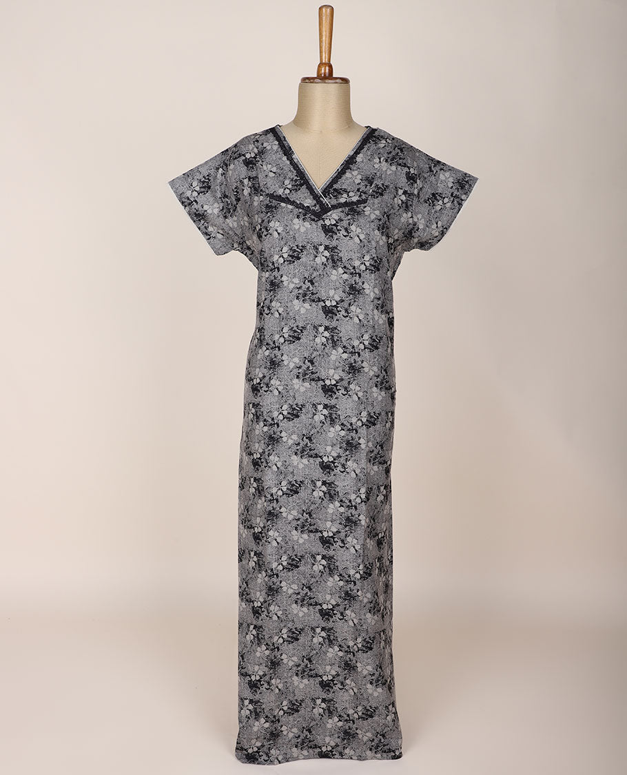 Grey floral printed with lace work v-neck half-sleeve nighty