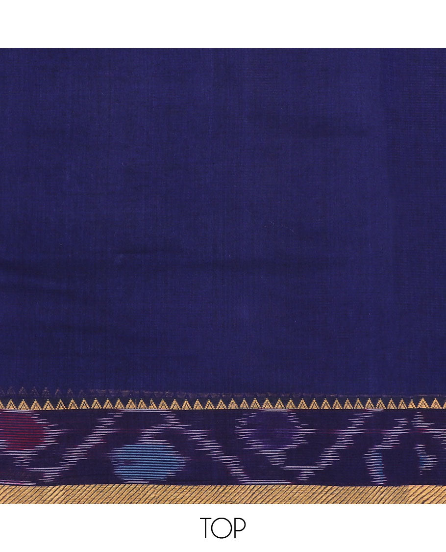 Blue material chudidhar set, plain cotton top, contrast plain bottom & ikkat border dupatta of stripes