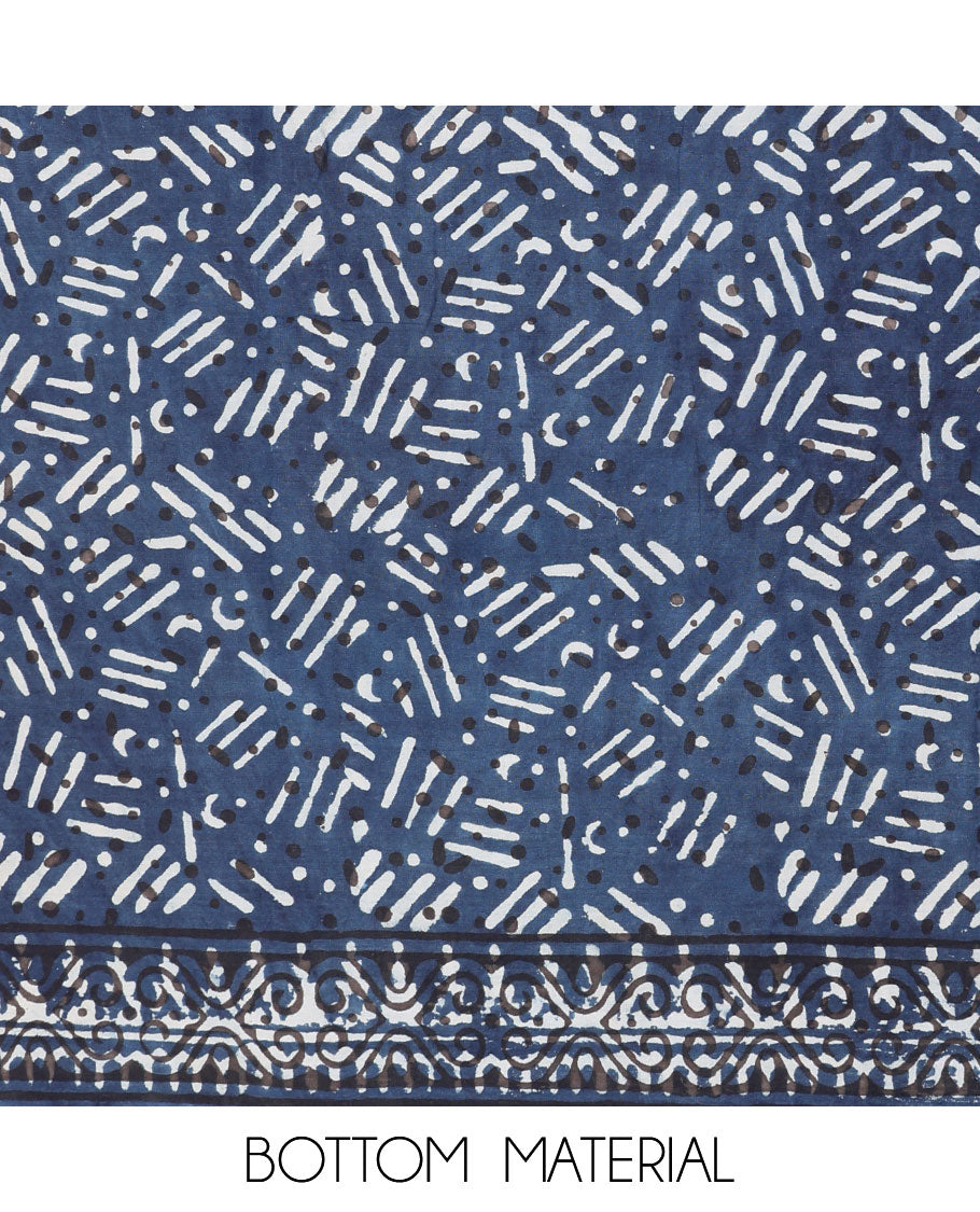 Blue material chudidhar set, floral printed top, printed bottom & dupatta of geometric designs