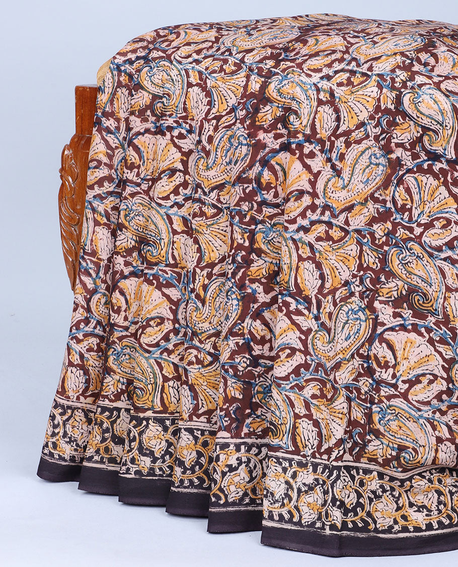 Brown paisley vine machine-printed kalamkari cotton saree, contrast floral border & pallu of paisley vine