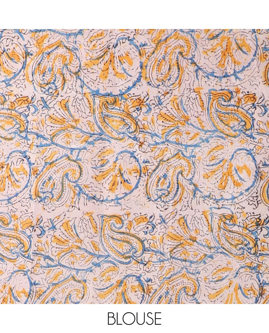 Brown paisley vine machine-printed kalamkari cotton saree, contrast floral border & pallu of paisley vine