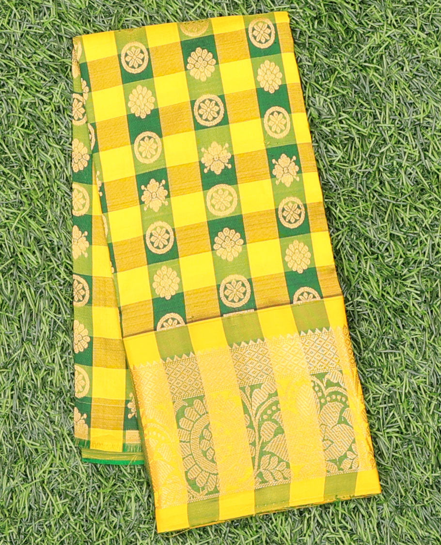 Multi-color checked with zari buttas navarathna pavadai material, traditional zari border & contrast zari design blouse