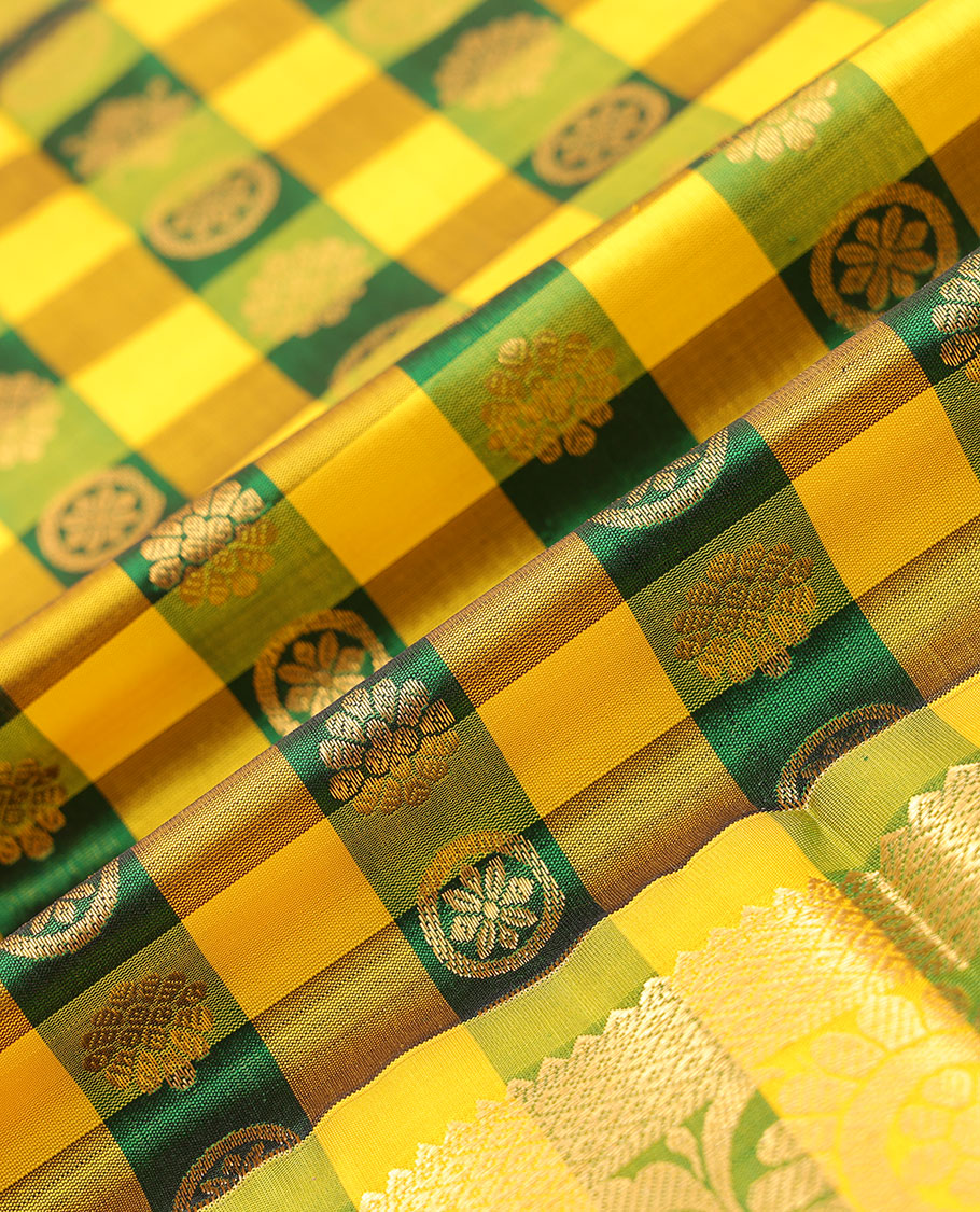 Multi-color checked with zari buttas navarathna pavadai material, traditional zari border & contrast zari design blouse