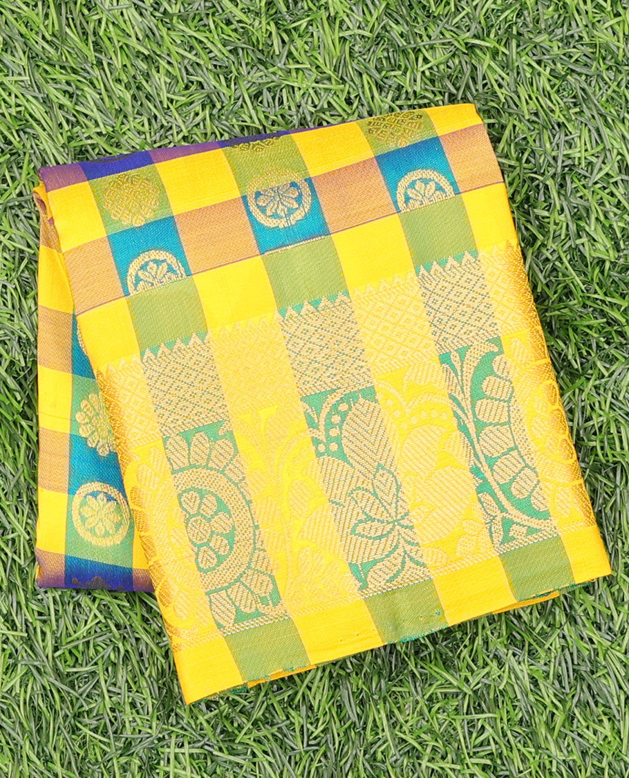 Multi-color checked with zari buttas navarathna pavadai material, traditional zari border & contrast zari design blouse