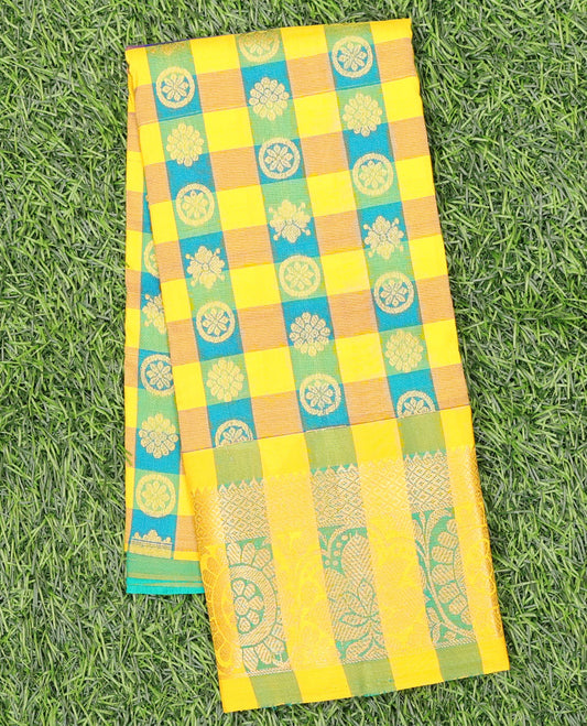 Multi-color checked with zari buttas navarathna pavadai material, traditional zari border & contrast zari design blouse