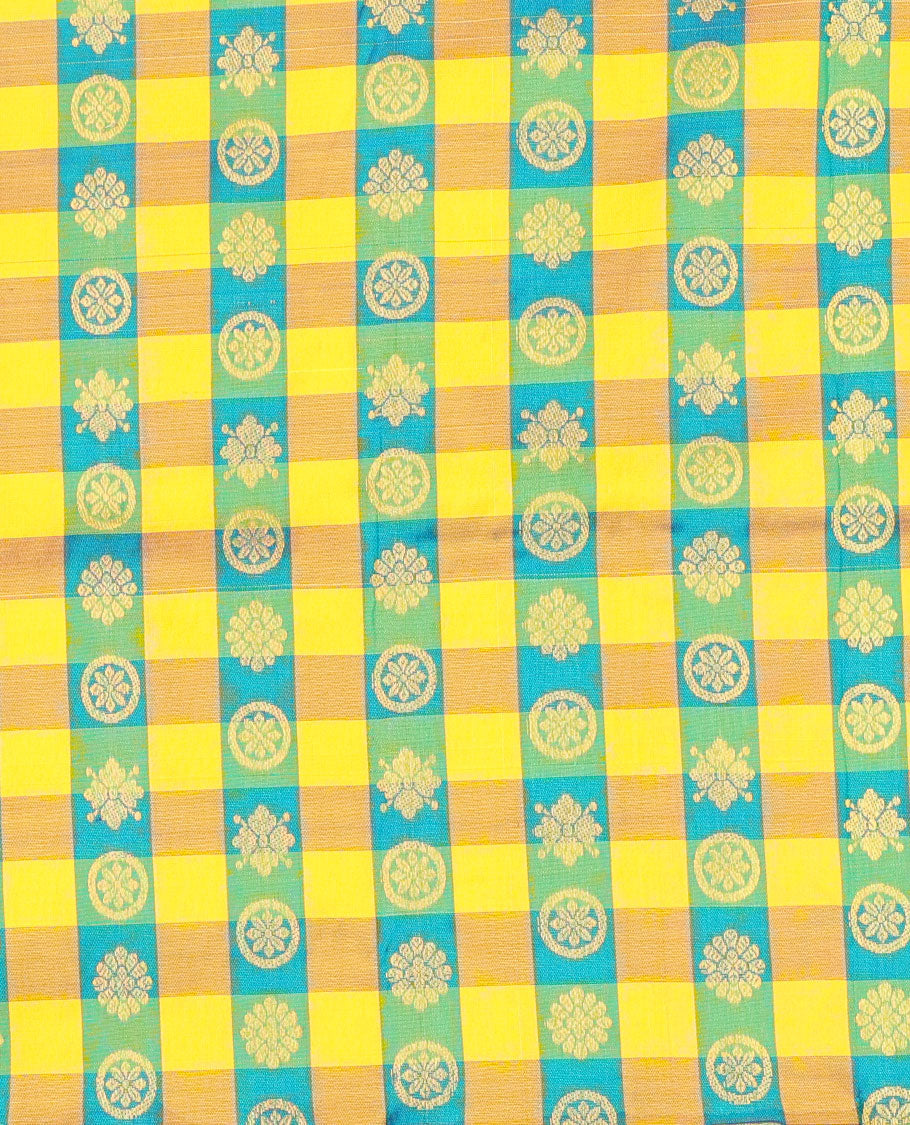 Multi-color checked with zari buttas navarathna pavadai material, traditional zari border & contrast zari design blouse